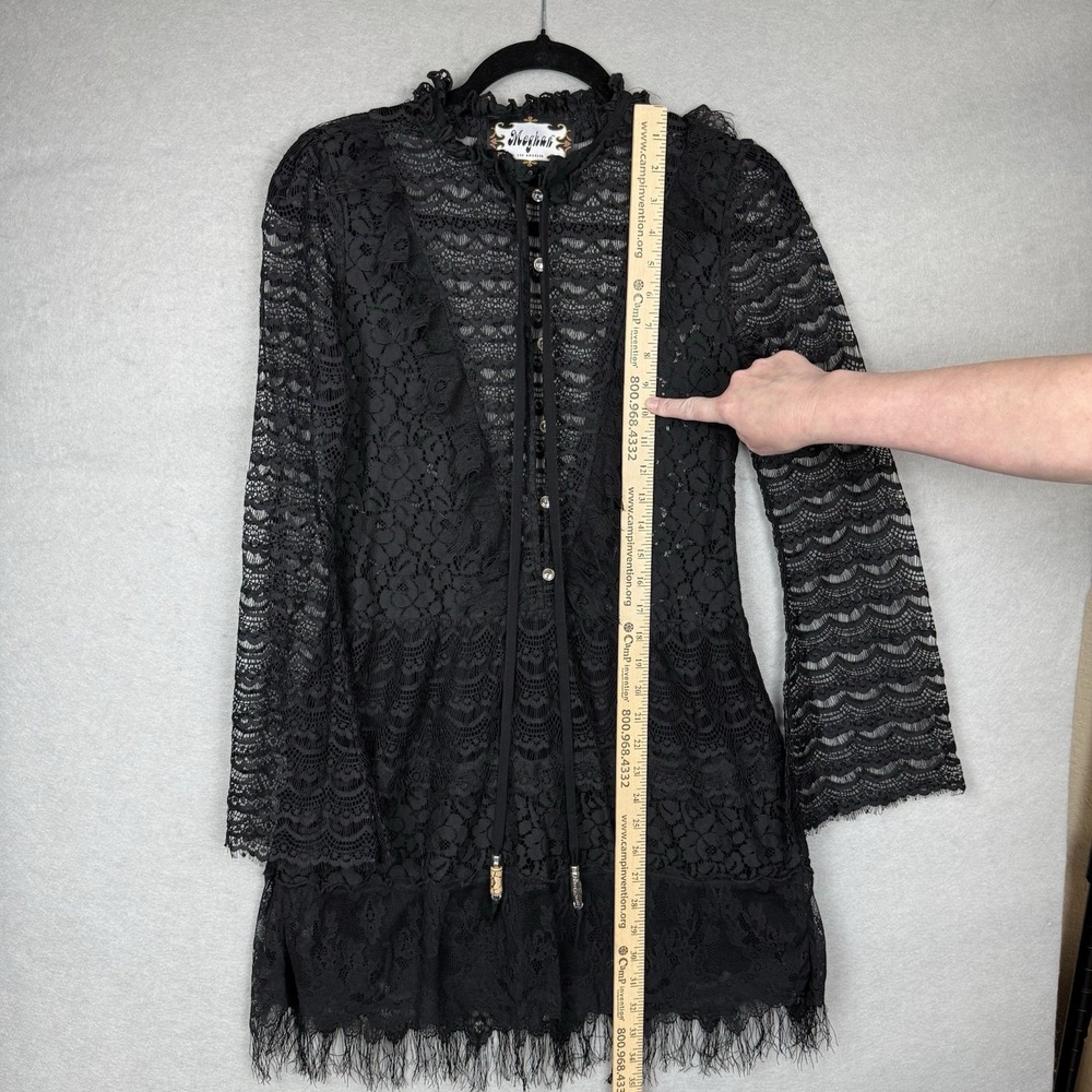 Meghan Los Angeles Lace Dress/Tunic Top Womens 0 Black Sheer Boho Bell Sleeve - Picture 2 of 11